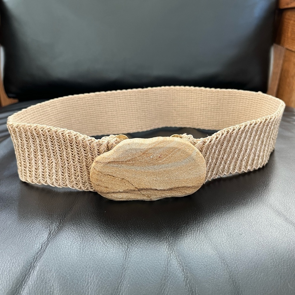 BELT Elastic Natural Woven Look Sandstone Like Buckle Coastal Neutral Boho Chic
